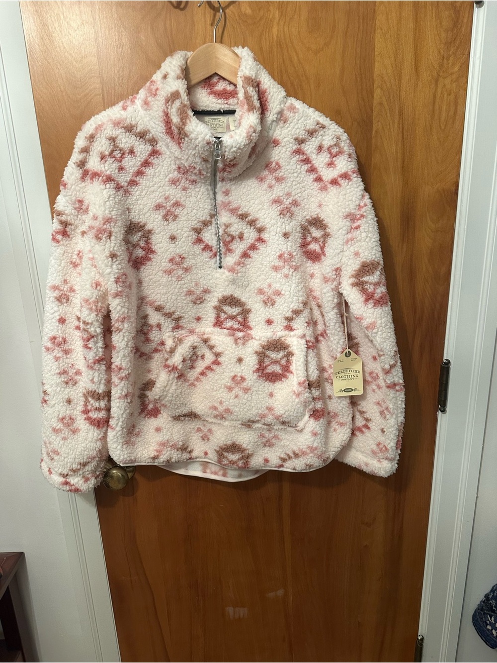 Half-Zip Sherpa Pullover Hoodie - Cream with Pink Pattern